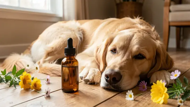 Frasco de flores de Bach junto a perro Golden Retriever tranquilo en casa - remedios florales para ansiedad canina