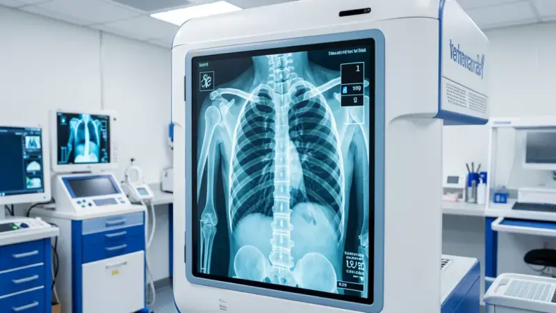 Máquina de radiografía veterinaria mostrando esqueleto de perro en pantalla digital - radiografia perros
