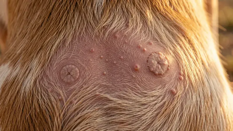 Piel de perro con pústulas y collaretes epidérmicos en el abdomen por foliculitis bacteriana