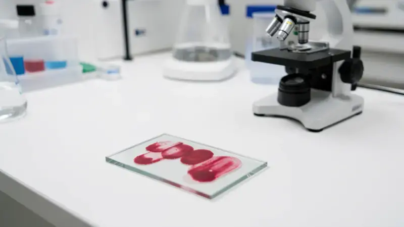 Porta de microscopio con frotis sanguíneo en laboratorio veterinario - frotis sanguíneo del perro