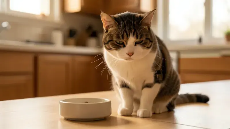 Gato con postura encorvada junto a comedero vacío con náuseas - gastritis en gatos