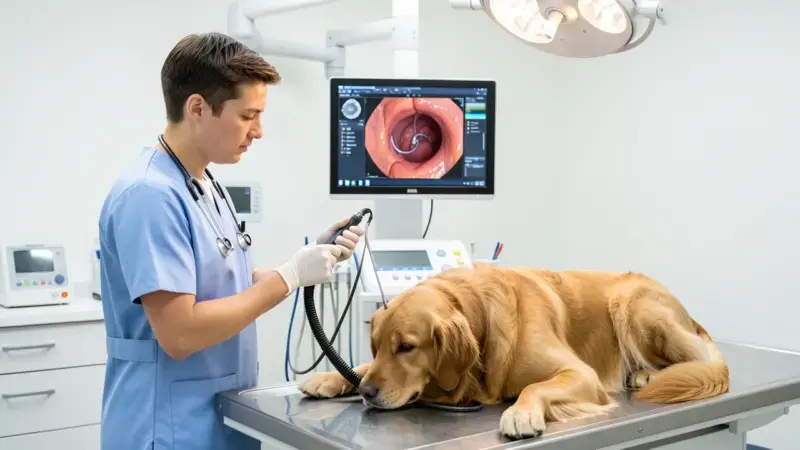 Veterinario preparando endoscopio flexible para exploración de perro en clínica - endoscopia perros