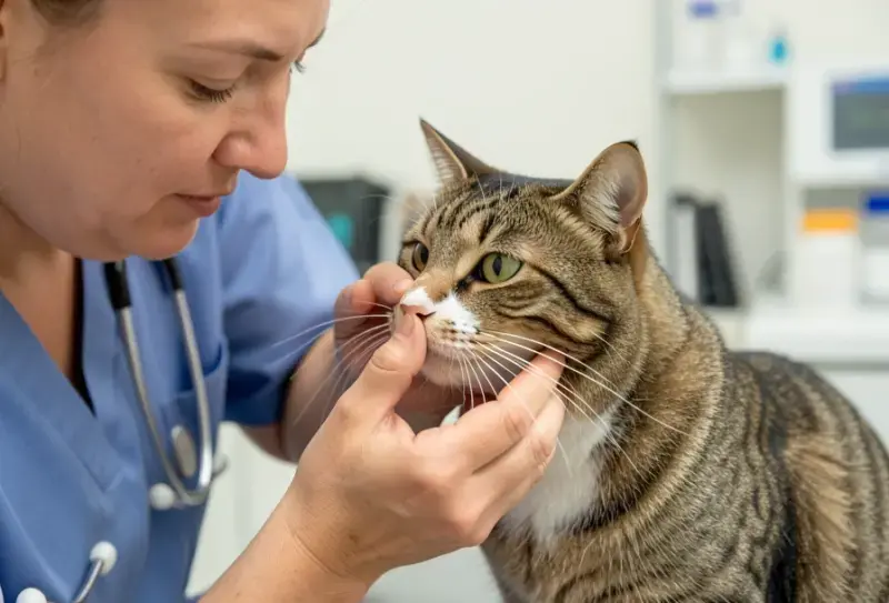 Gato en consulta veterinaria - salud felina y cuidados - gato estornuda mucho