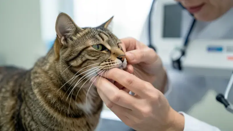 Veterinario examinando el hocico de un gato en consulta - gato estornuda mucho diagnóstico