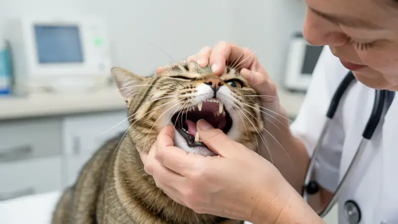 Veterinario examinando la boca de un gato en consulta - mal aliento en gatos diagnóstico