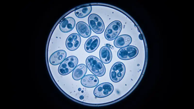 Quistes de Giardia duodenalis observados en microscopio en muestra fecal - diagnóstico giardiasis en perros
