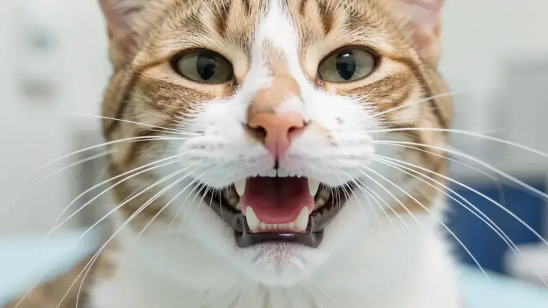 Primer plano de la boca de un gato durante examen dental veterinario - gingivitis en gatos