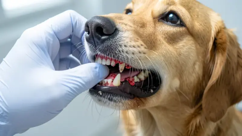 Veterinario examinando encías rojas e inflamadas con sarro en perro - síntomas gingivitis canina