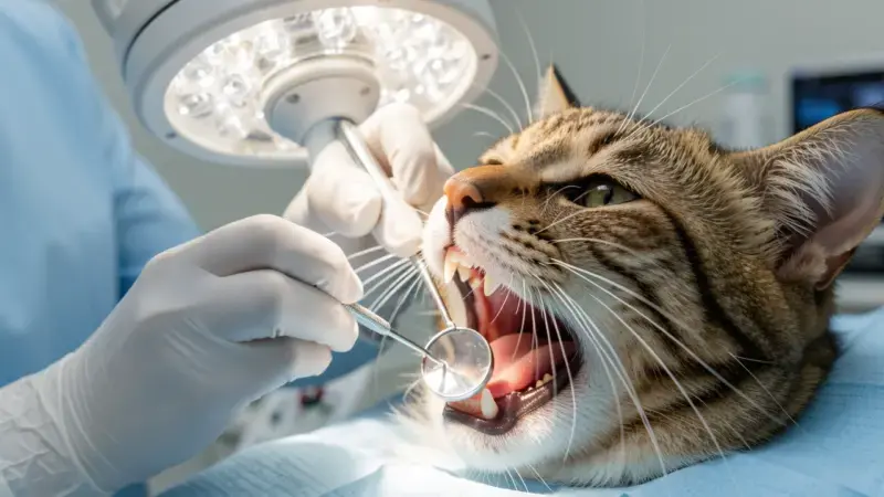 Veterinario examinando la boca de un gato con instrumental dental - gingivoestomatitis en gatos