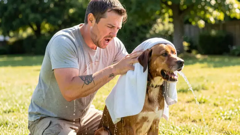 dueño enfriando perro con golpe de calor con agua y paños húmedos