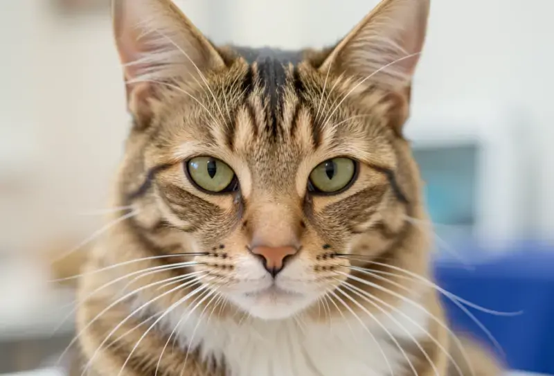 Gato en consulta veterinaria - salud felina y cuidados - granuloma eosinofilico en gatos