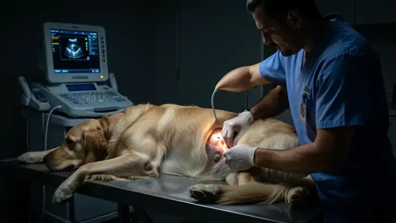 Veterinario realizando ecografía abdominal en Golden Retriever para detectar tumor en bazo por hemangiosarcoma