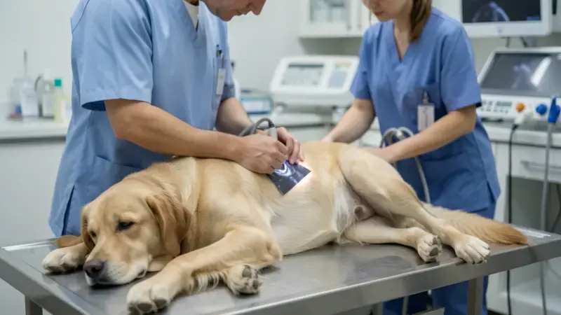 Veterinario realizando ecografía abdominal a un perro - hemoabdomen en perros