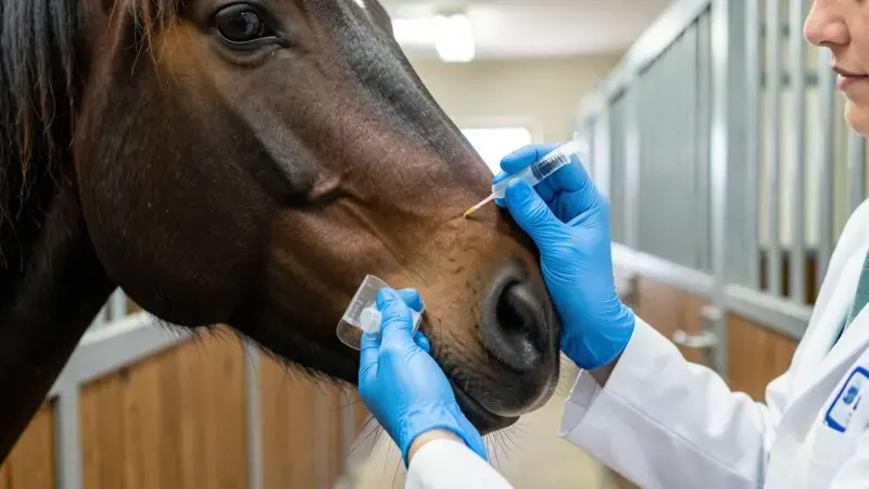 Veterinario tomando muestra nasal a caballo oscuro con guantes azules - herpesvirus equino diagnóstico