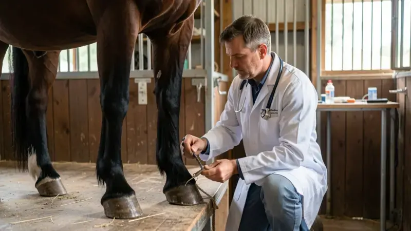 Herrador y veterinario examinando el casco de un caballo - herraje de caballos cuidados