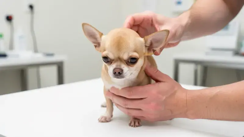 Chihuahua con cráneo en cúpula característico de hidrocefalia congénita en revisión veterinaria