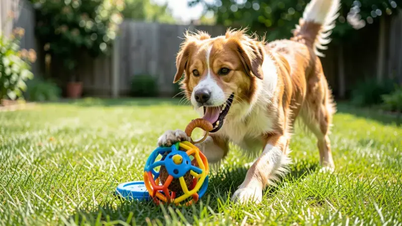 Perro jugando con juguete interactivo en exterior - hiperactividad en perros