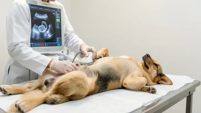 Veterinario realizando ecografía abdominal a perro macho para diagnosticar hiperplasia prostática benigna