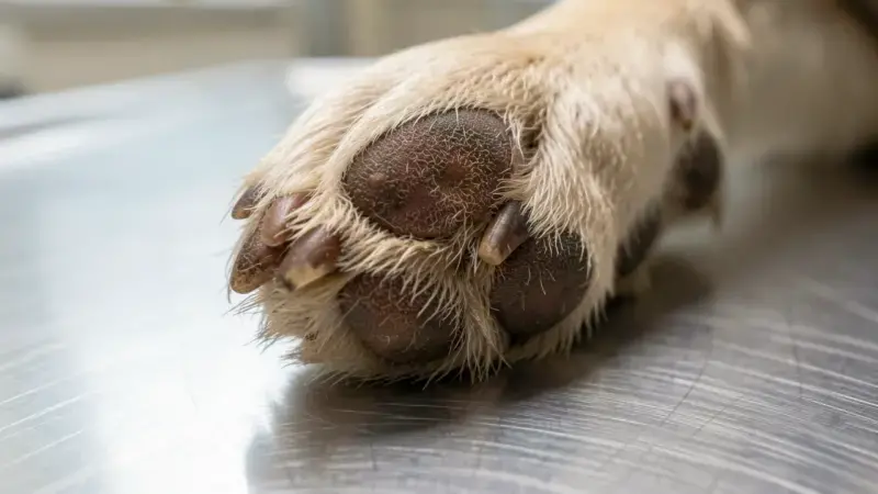 Almohadilla de perro con piel engrosada y seca - hiperqueratosis en perros almohadillas