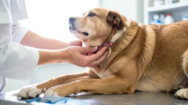 Veterinario palpando cuello de perro para detectar nódulo tiroideo en diagnóstico de hipertiroidismo