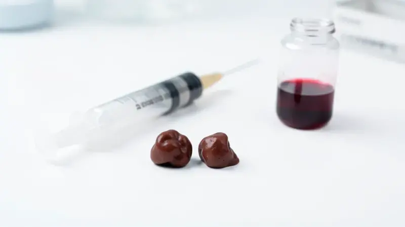 Glándulas suprarrenales y jeringa sobre superficie blanca de laboratorio veterinario - hipoadrenocorticismo perros