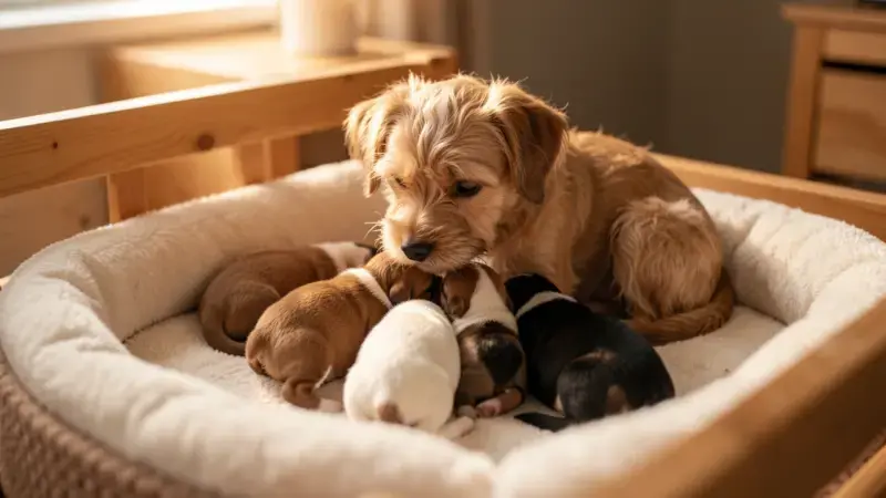 Perra amamantando a sus cachorros en casa - hipocalcemia en perros y eclampsia