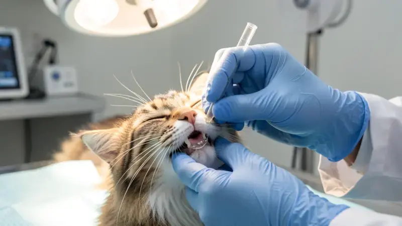 Veterinario aplicando gel de glucosa en las encias de un gato - hipoglucemia en gatos
