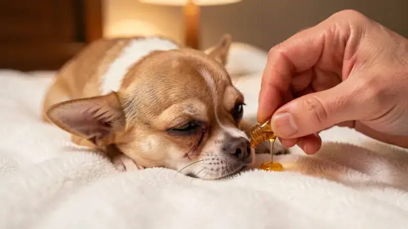Chihuahua con hipoglucemia tumbado débil recibiendo miel en encías como primeros auxilios