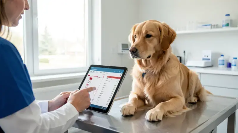 Veterinario revisando analítica con niveles de calcio bajos en perro con hipoparatiroidismo
