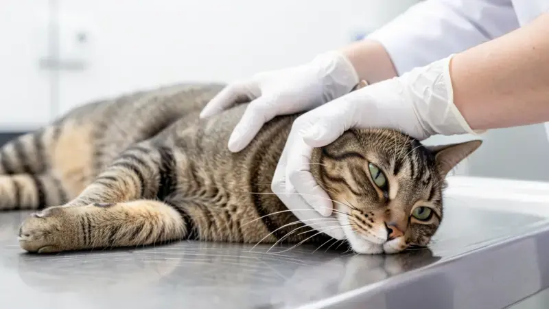 Veterinario palpando tiroides de gato en consulta - hipotiroidismo en gatos diagnóstico