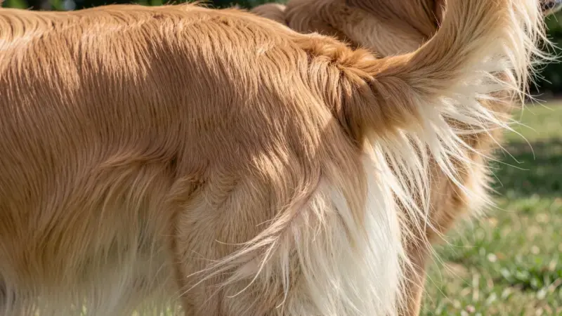 Cola de golden retriever con pérdida de pelo desde la base - signo de hipotiroidismo canino cola de rata