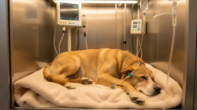 Perro descansando en jaula hospitalaria veterinaria con fluidoterapia IV y equipo de monitorización