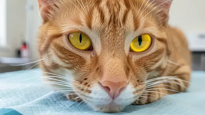 Ojo de gato con esclerótica amarilla por ictericia y acumulación de bilirrubina - ictericia en gatos