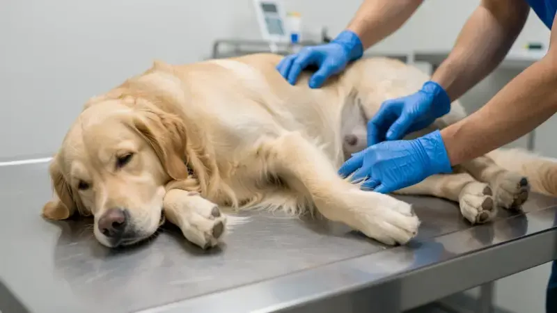Golden retriever con déficit neurológico en examen veterinario - ictus en perros síntomas