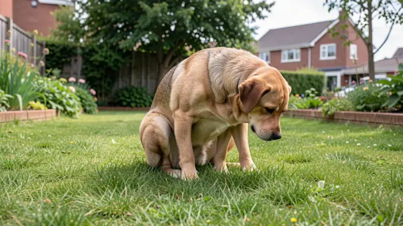 Perro en postura de esfuerzo al orinar en jardín, signo de infección urinaria o cistitis canina