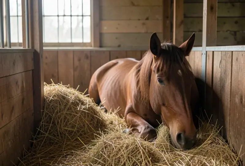 Photorealistic image horse resting quiet stable with nearby - influenza equina