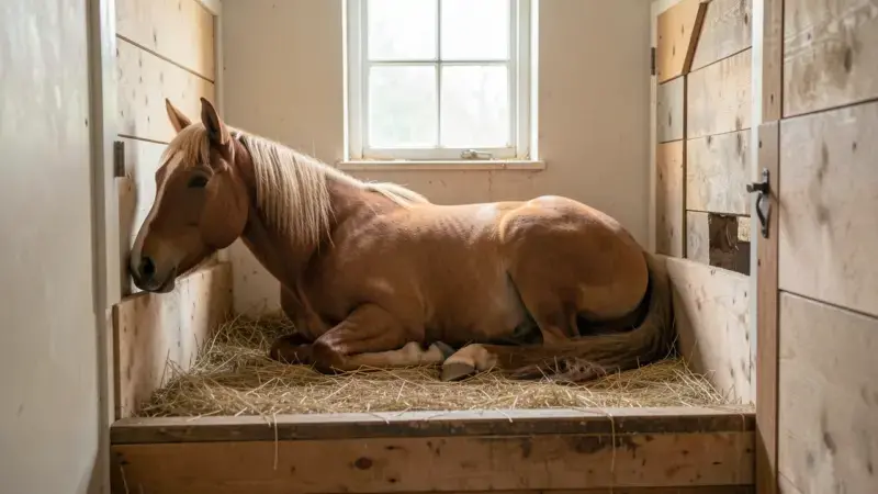 Caballo en reposo en su box durante recuperación respiratoria - influenza equina