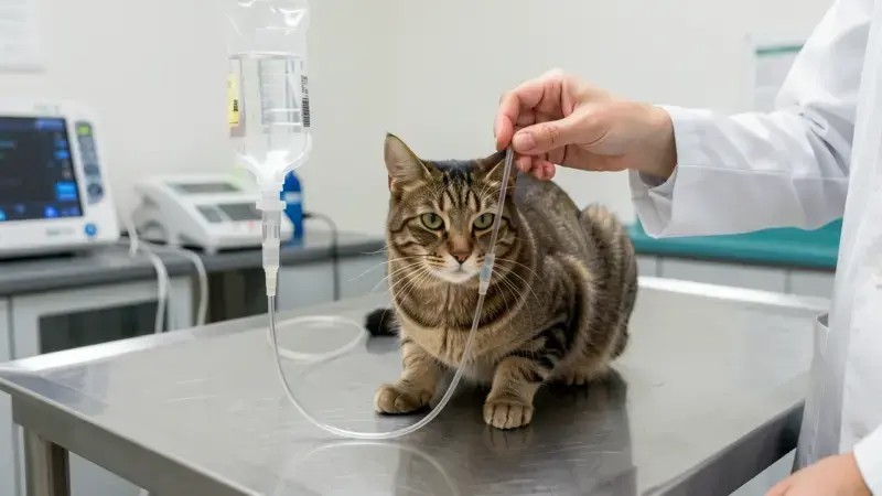 Gato con suero intravenoso en mesa veterinaria - insuficiencia renal aguda en gatos