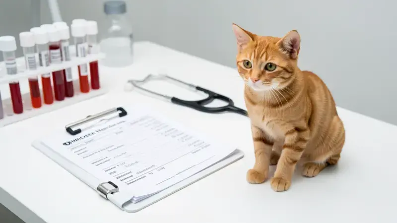 Analitica de sangre veterinaria junto a gato atigrado en mesa de exploracion - valores renales en gatos