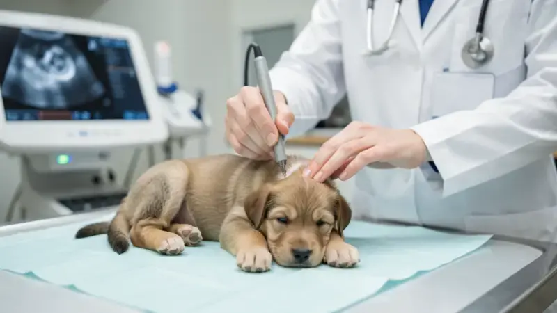 Veterinario realizando ecografía abdominal a un cachorro - intususcepción en perros