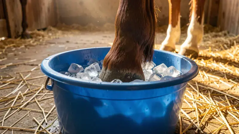 Casco de caballo en cubo de hielo para crioterapia de laminitis equina - laminitis en caballos