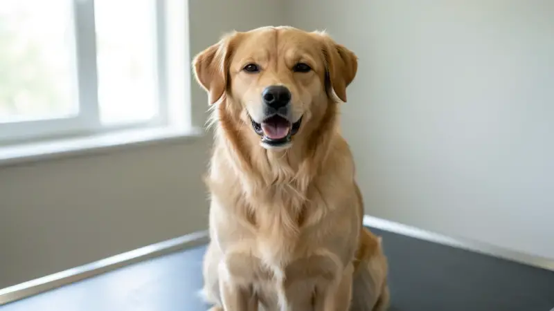 Perro de pelo dorado con boca entreabierta intentando ladrar sin voz por laringitis