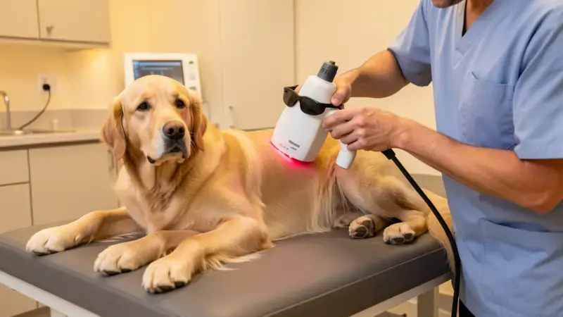 Veterinario aplicando laserterapia en la cadera de un perro golden retriever relajado en clínica