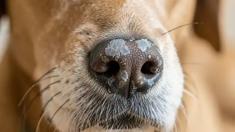 Nariz de perro con depigmentación y costras por leishmaniasis - primeros síntomas cutáneos
