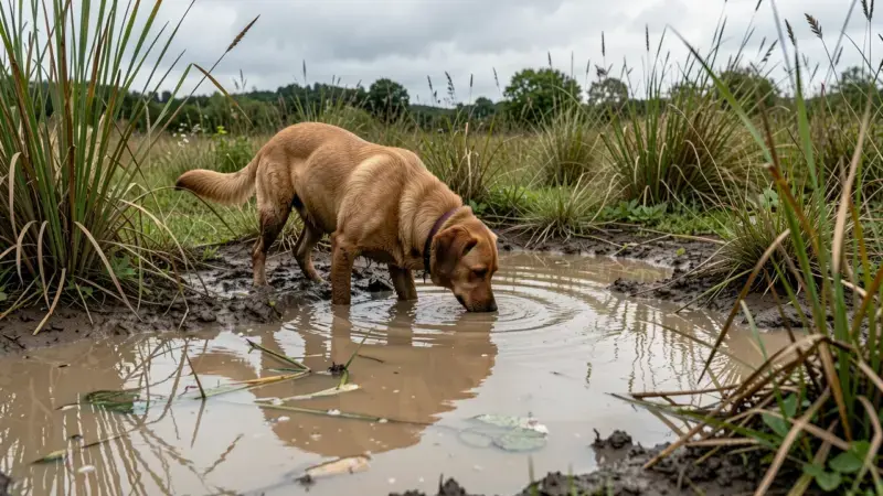 Perro olfateando charco de agua estancada en zona natural con vegetación - riesgo leptospirosis en perros