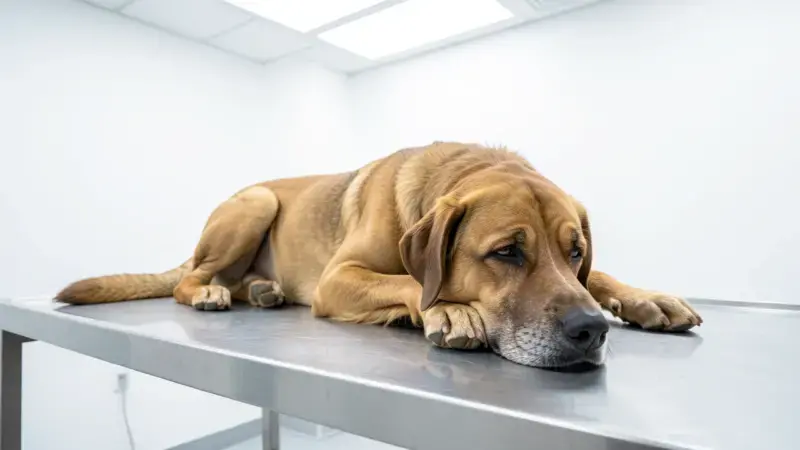 Perro decaído tumbado sin energía en mesa de exploración veterinaria - letargo en perros causas y urgencia