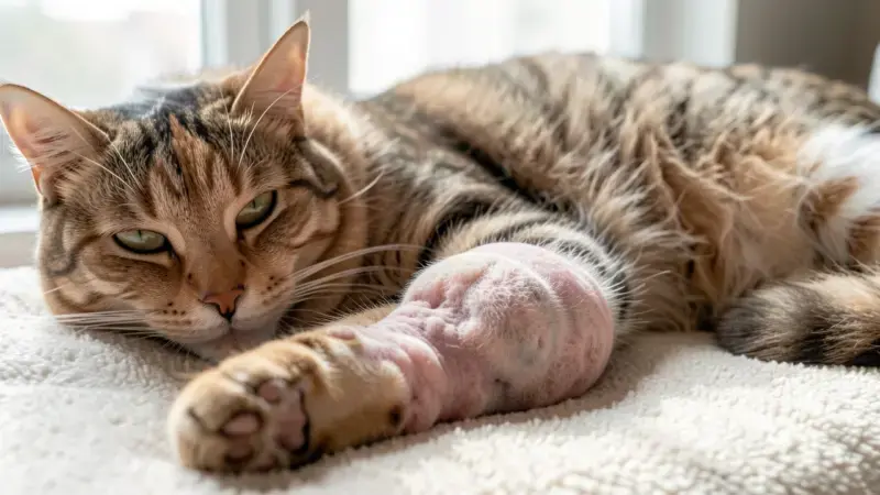 Gato con extremidad anterior hinchada por linfedema con edema con fóvea - linfedema en gatos síntomas