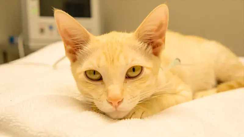Gato delgado con ligera ictericia descansando con sonda de alimentacion esofagica en clinica - lipidosis hepatica gatos