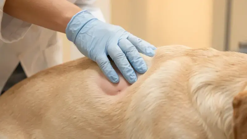 Veterinario palpando lipoma subcutáneo en el lomo de un Labrador - bulto de grasa en perros