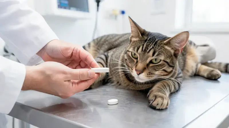 Veterinario con comprimido antiparasitario junto a gato atigrado en mesa clinica - lombrices en gatos tratamiento